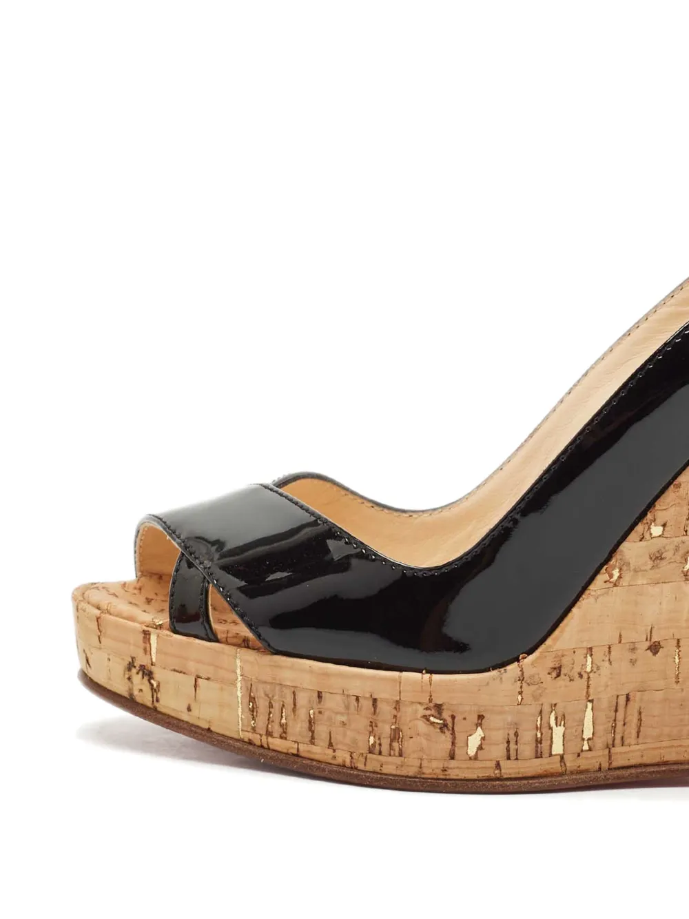 Pre-owned Christian Louboutin 110mm Patent-leather Cork Wedge Sandals In Black