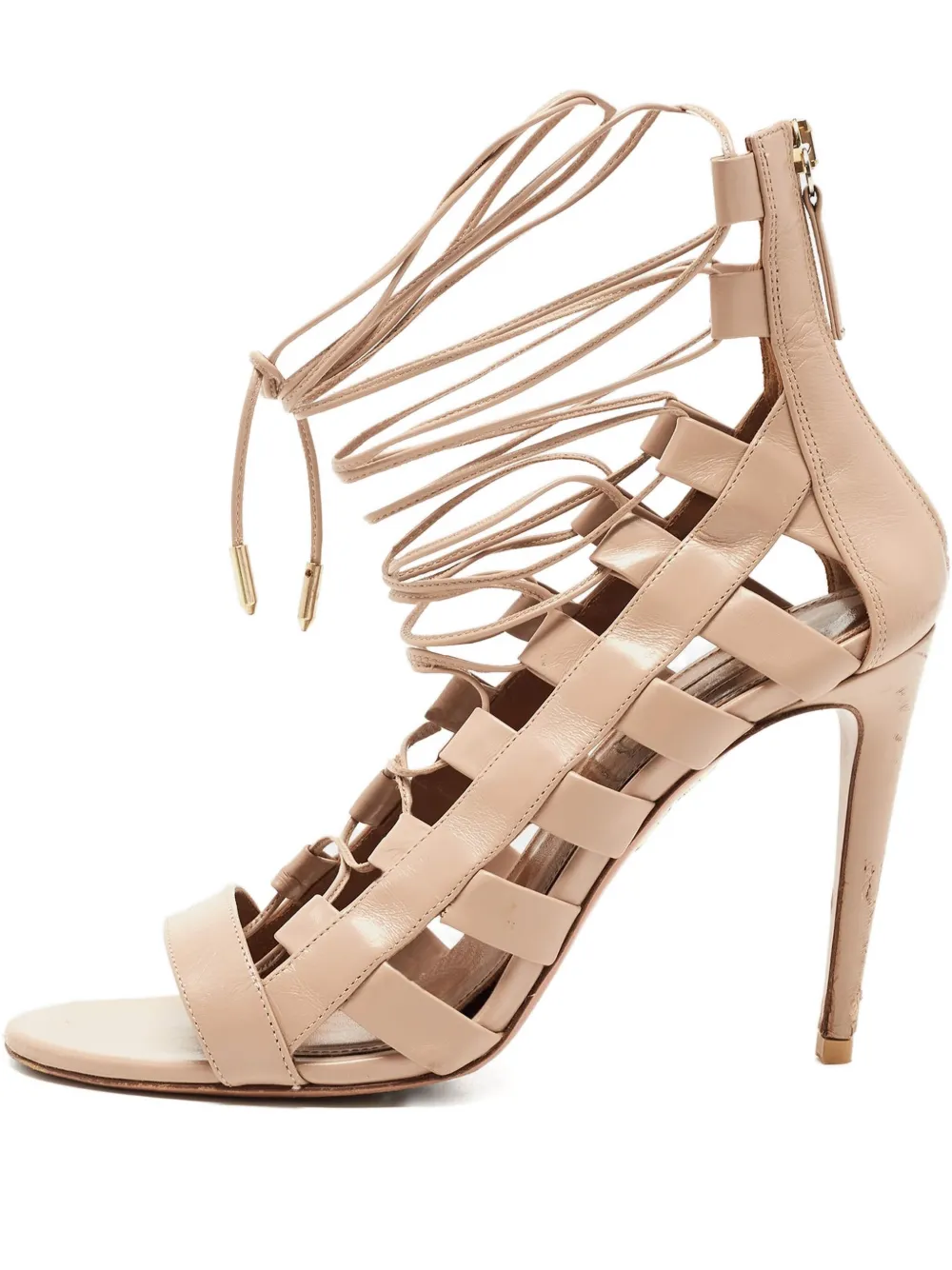 Pre-owned Aquazzura 2024 110mm Amazon Lace-up Sandals In Neutral
