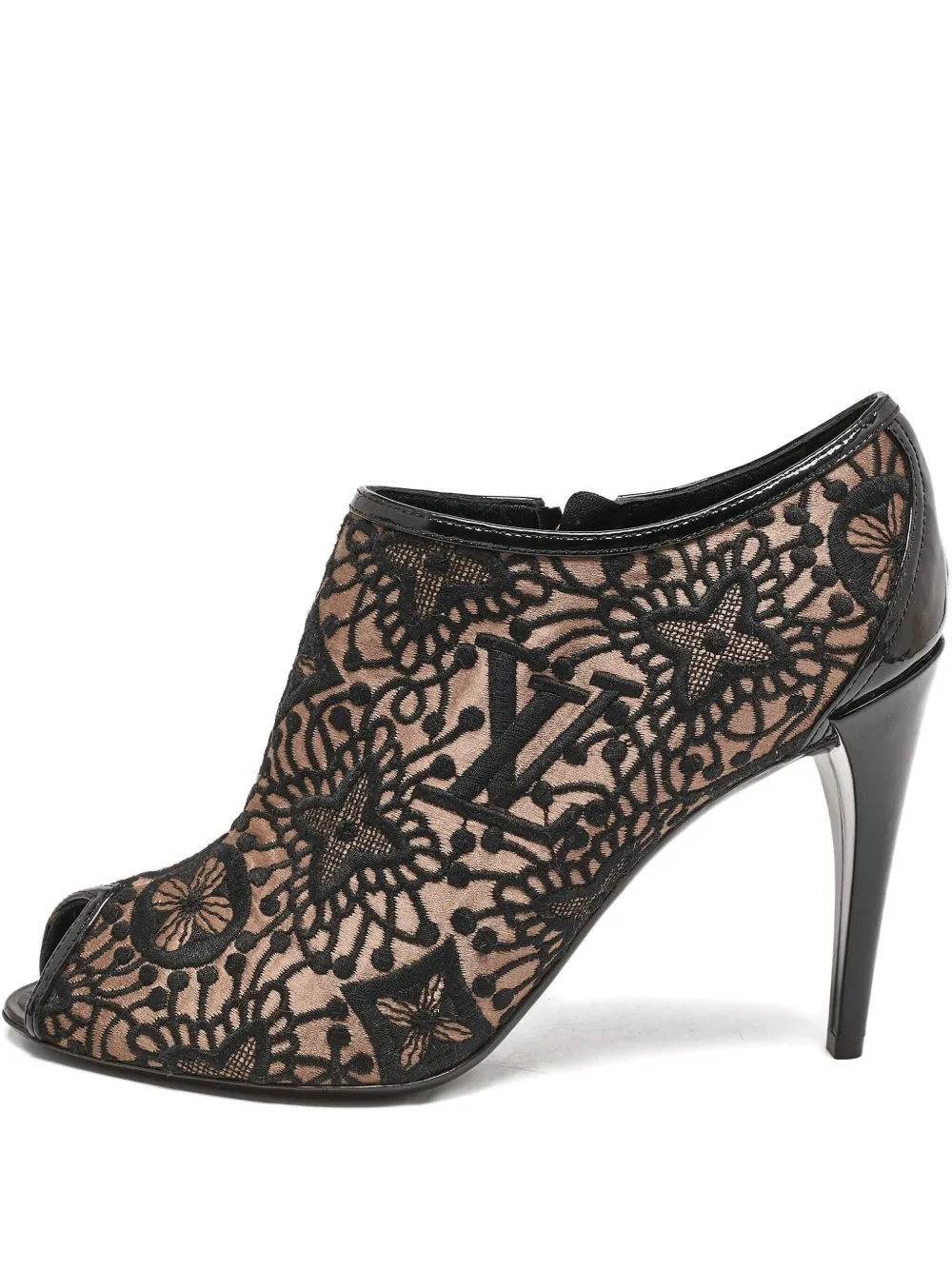 Pre-owned Louis Vuitton 100mm Embroidered Peep-toe Heeled Pumps In Black