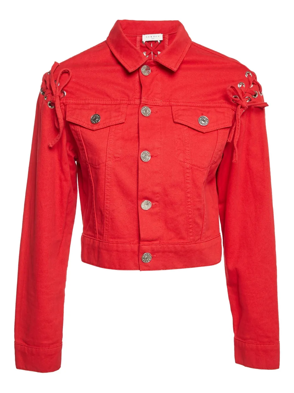 Pre-owned Sandro Lace-up Shoulder Denim Jacket In Red
