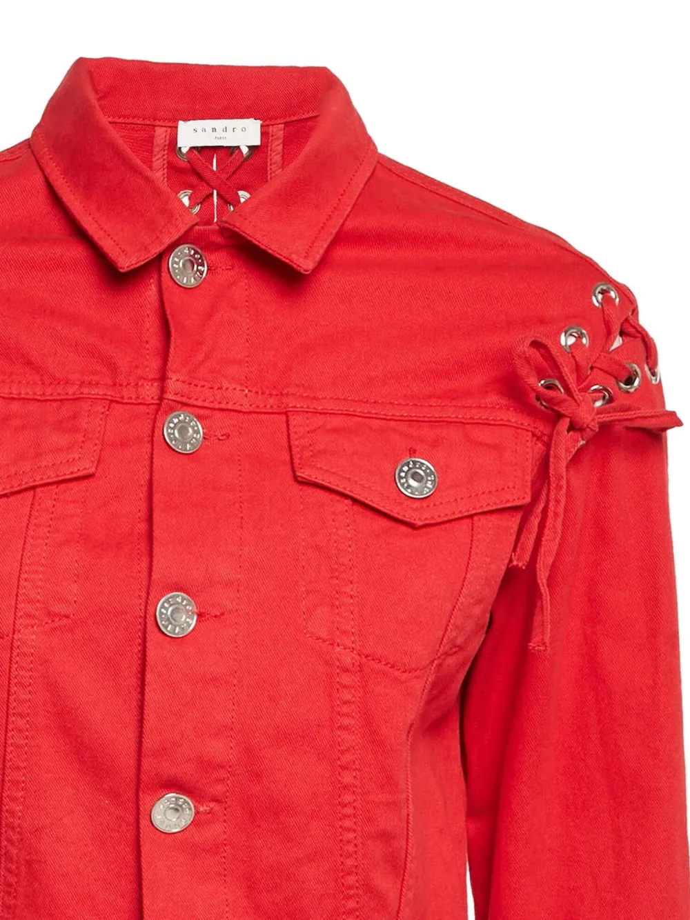 Pre-owned Sandro Lace-up Shoulder Denim Jacket In Red