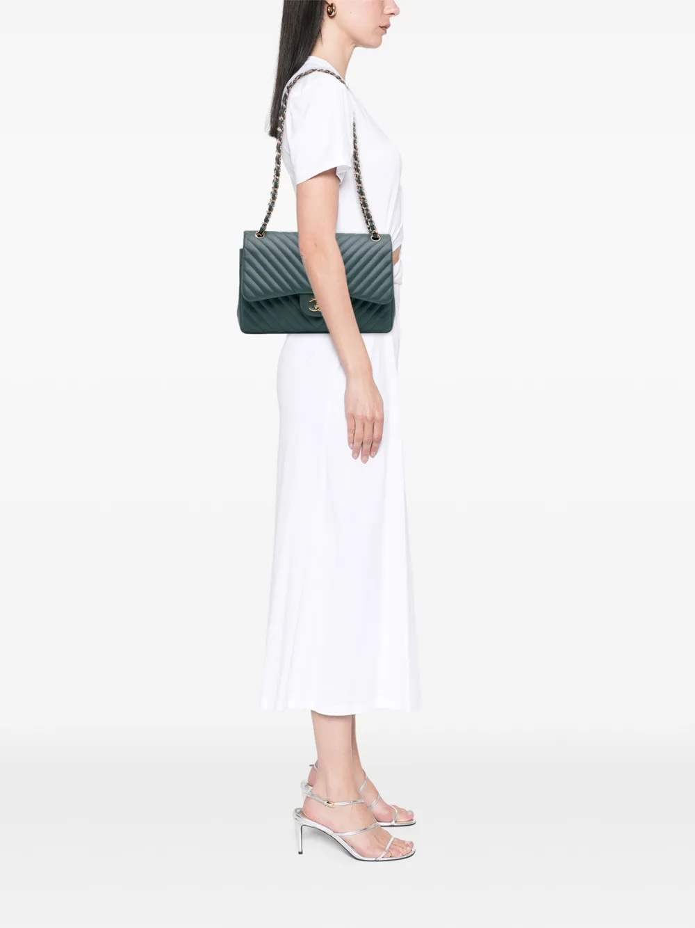 Pre-owned Chanel 2017-2018 Jumbo Classic Chevron Lambskin Double Flap Shoulder Bag In Green