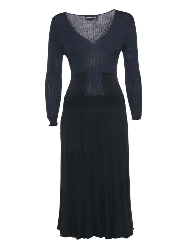 sonia rykiel knit dress Pre-Owned ribbed-knit Pleated Midi | Blue two tone Dress