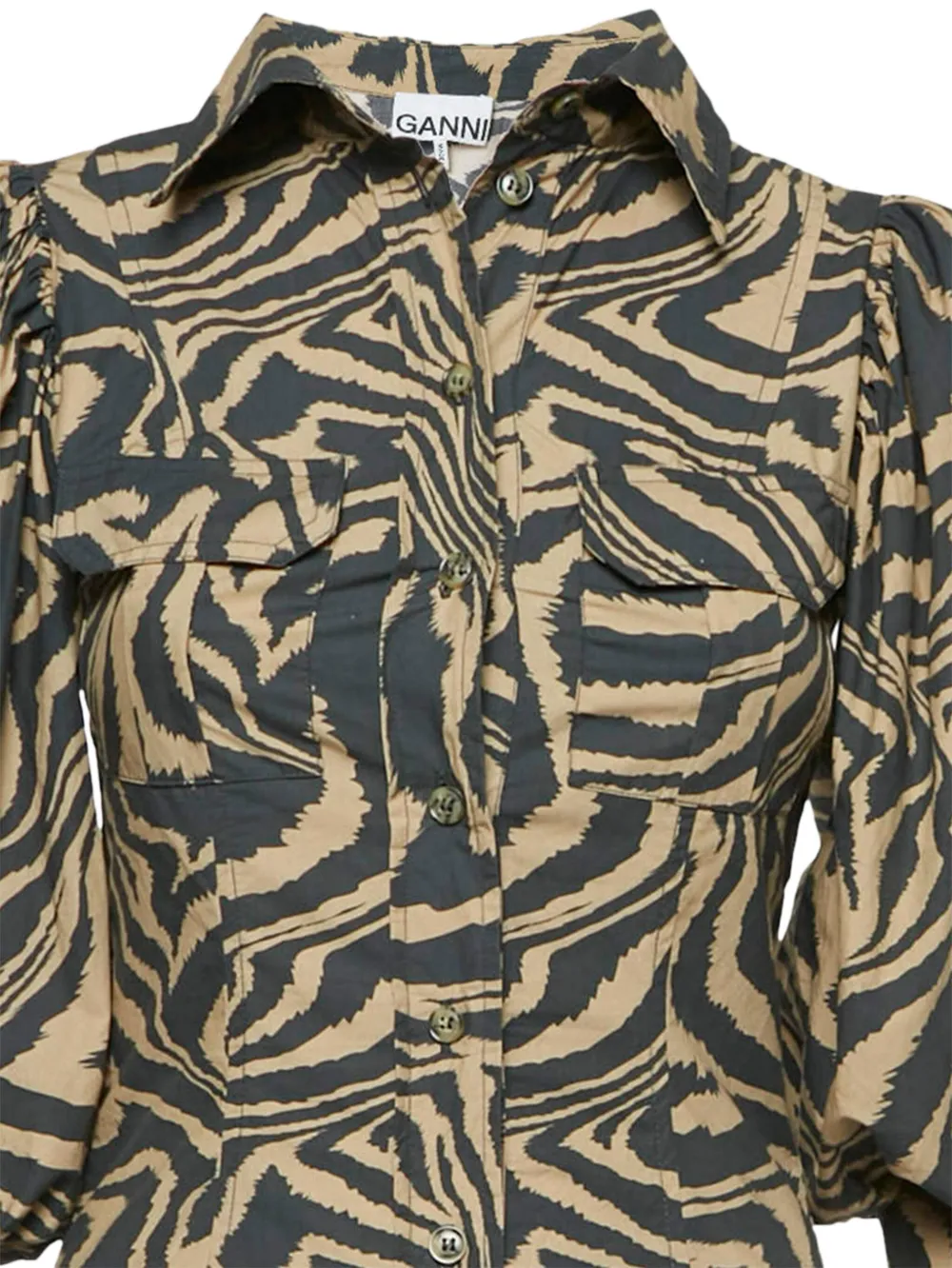GANNI Jurk met pofmouwen en zebra - Bruin