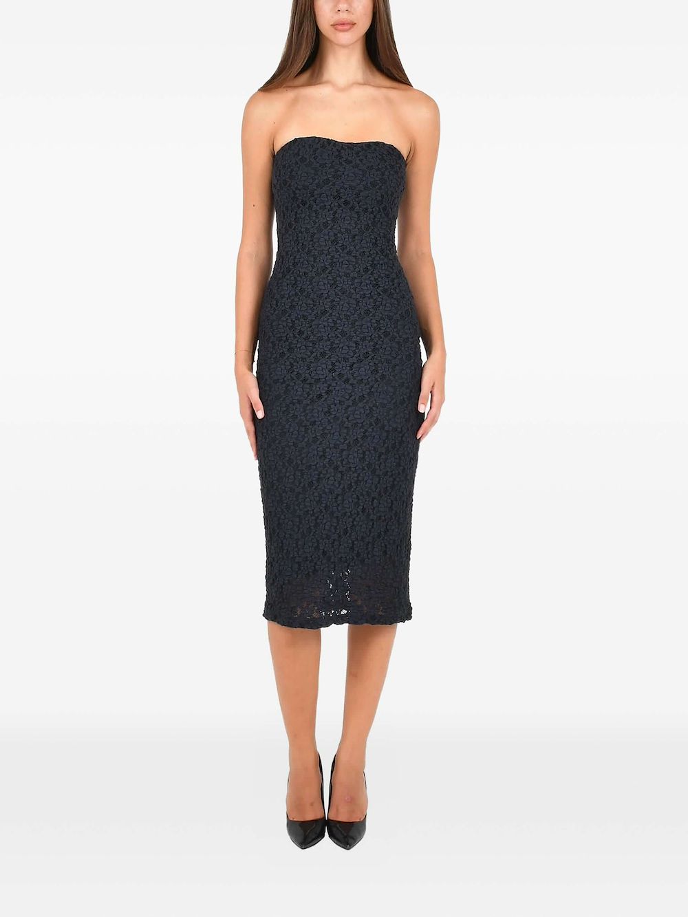 Max Mara Strapless Lace Midi Dress In Blue