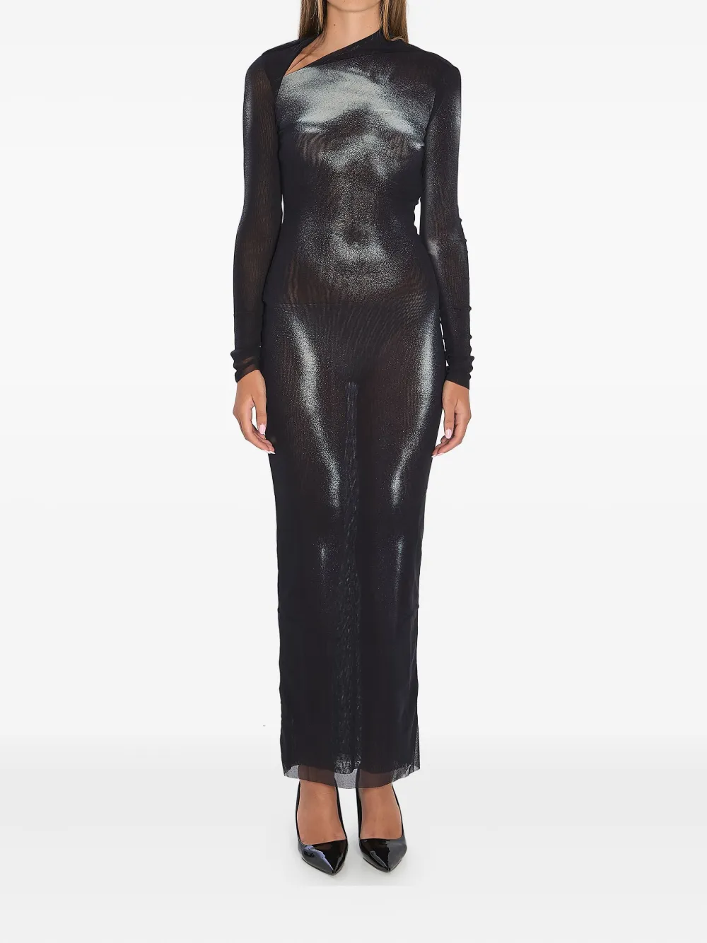 body dust print asymmetric-neck maxi dress