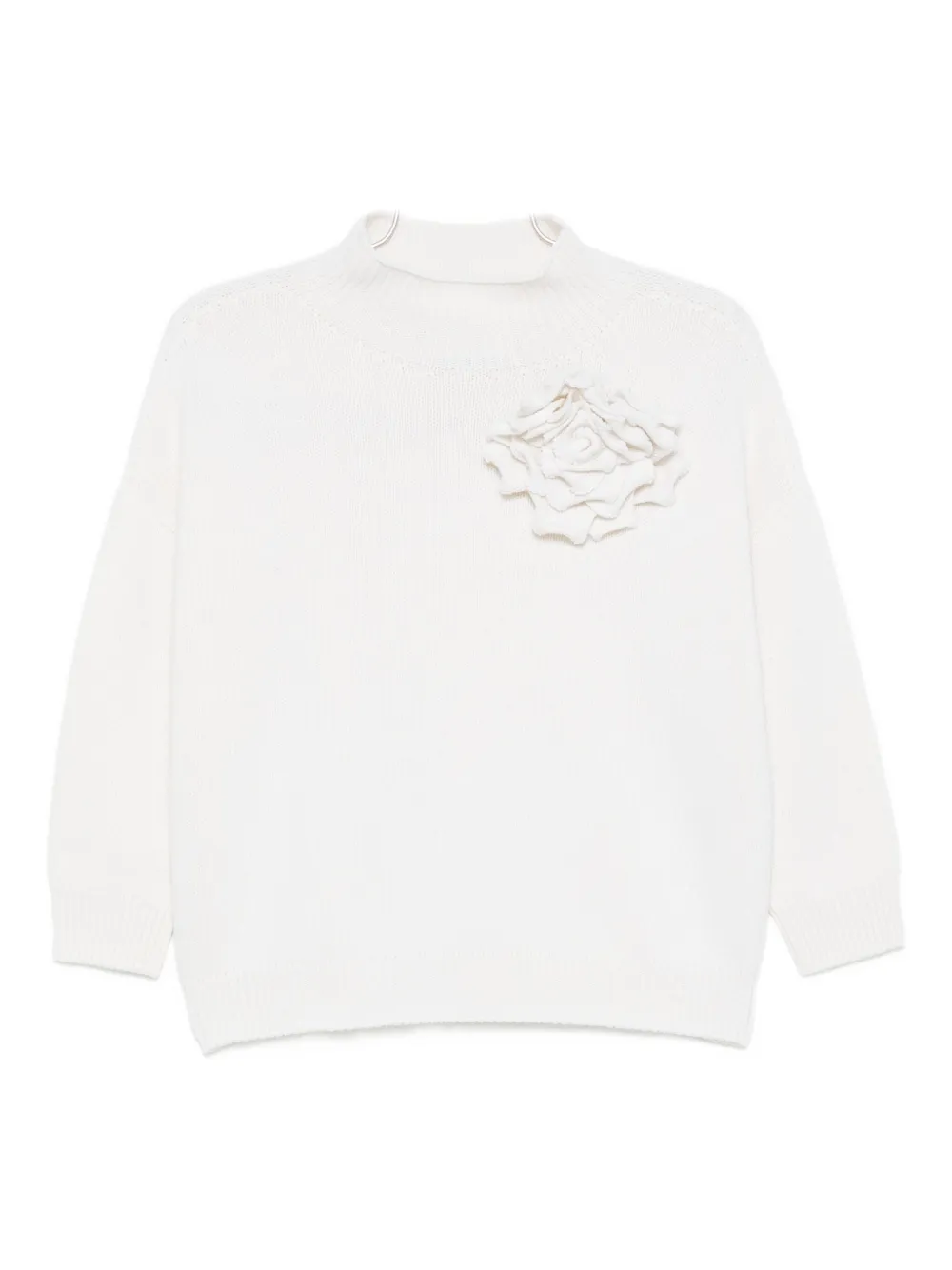 Vanisé Creamy White Sweater With Textured Floral Applique In White