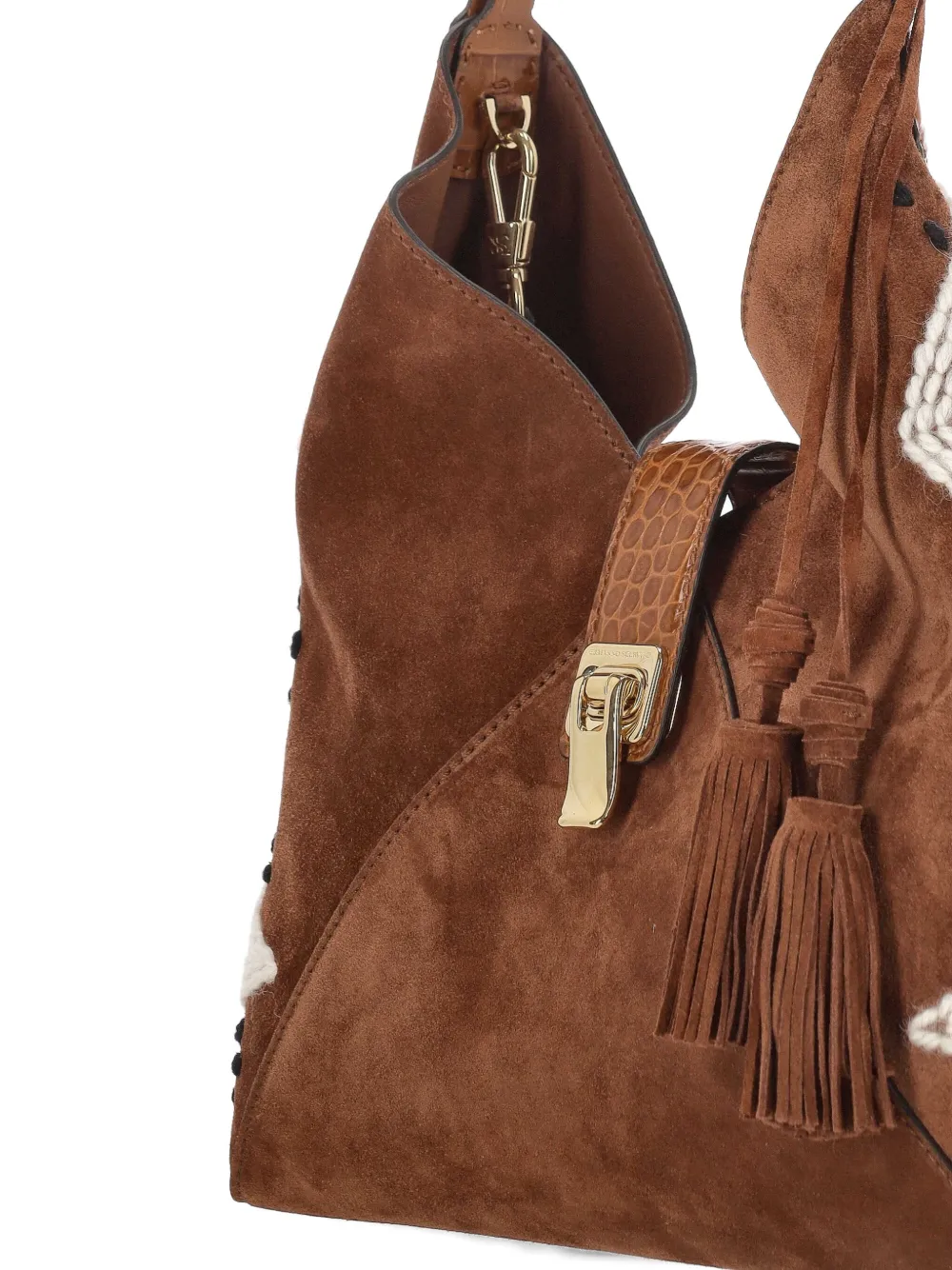 Ermanno Scervino Suede Knitted-detail Shoulder Bag In Brown
