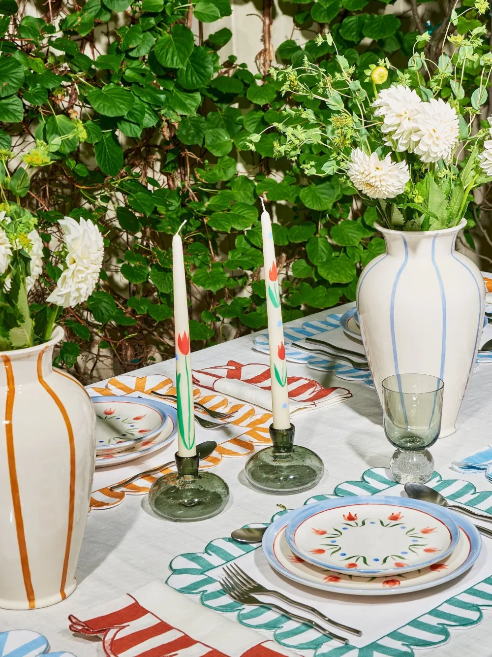 Misette Jardin 4-piece Embroidered Linen Scalloped Stripe Napkin Set In Multi