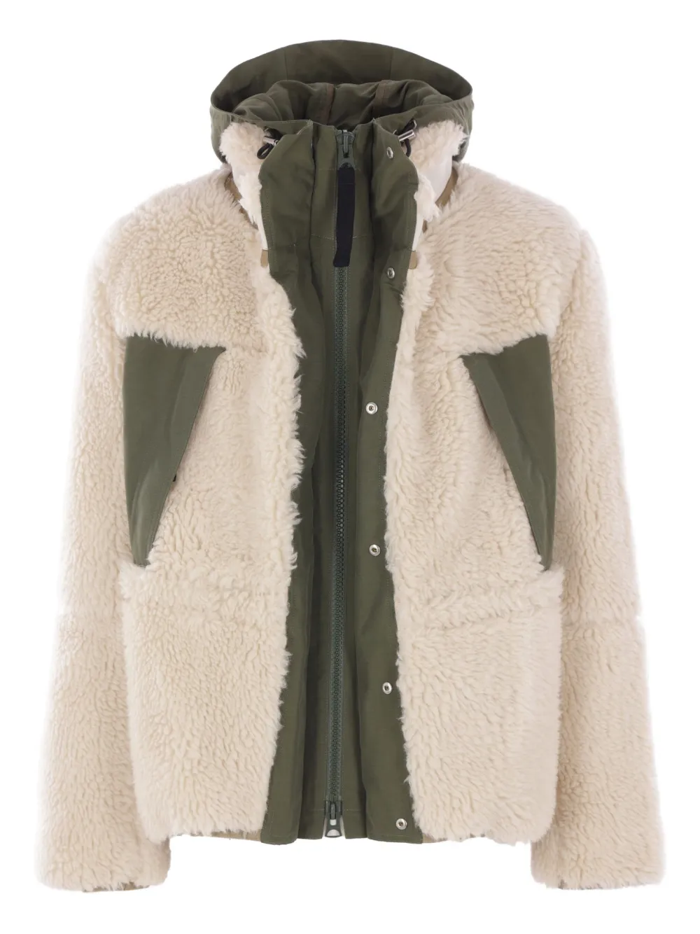 Sacai fleece-paneled hooded jacket Beige