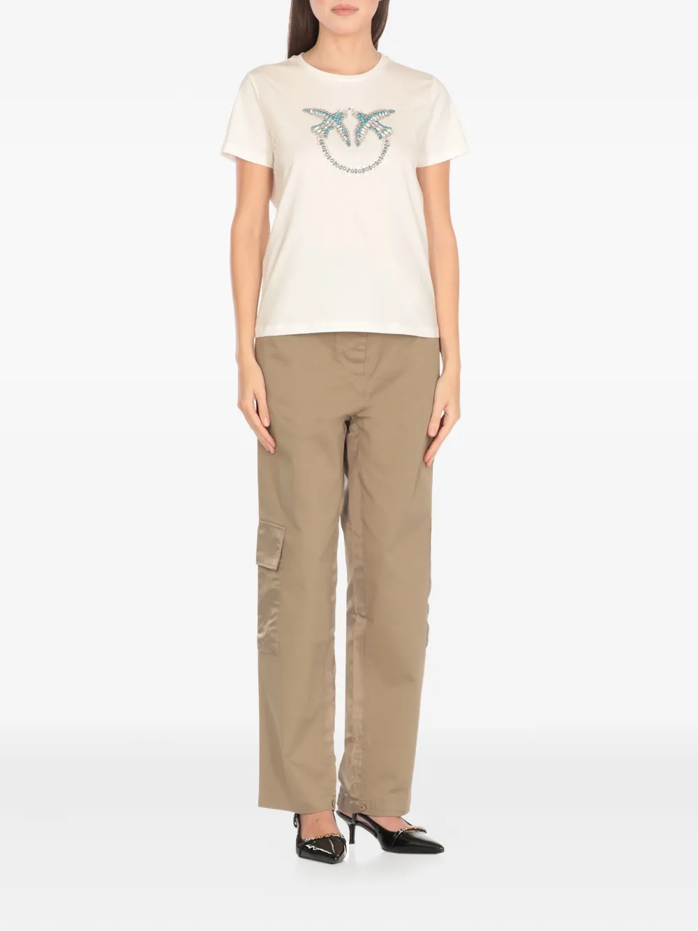 PINKO Love Birds T-shirt met studs Beige
