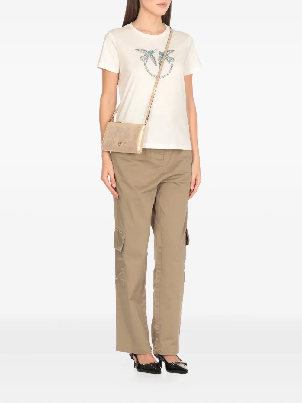 PINKO Love Birds T-shirt met studs Beige
