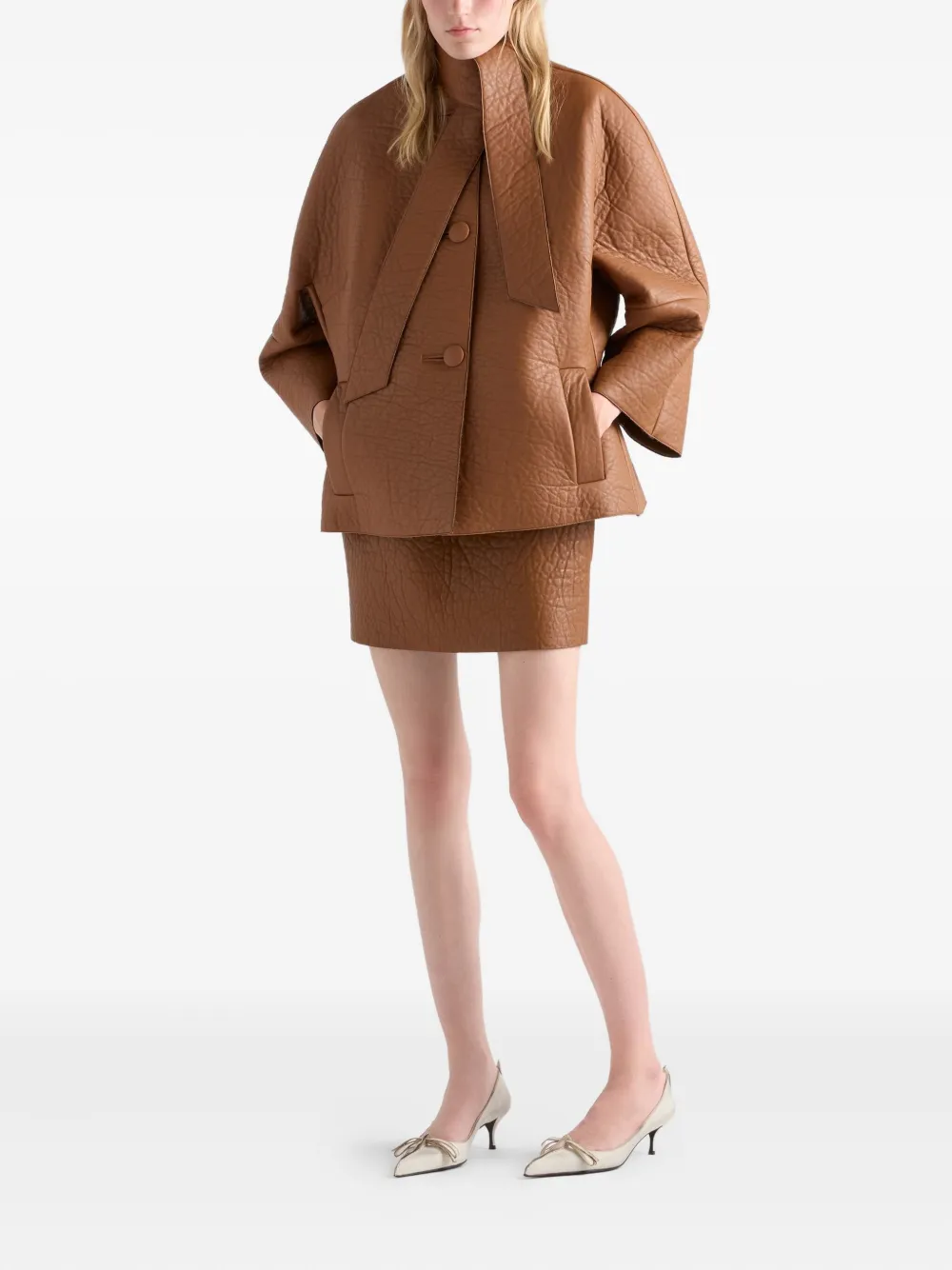 Prada Textured Leather Mini Skirt In Brown