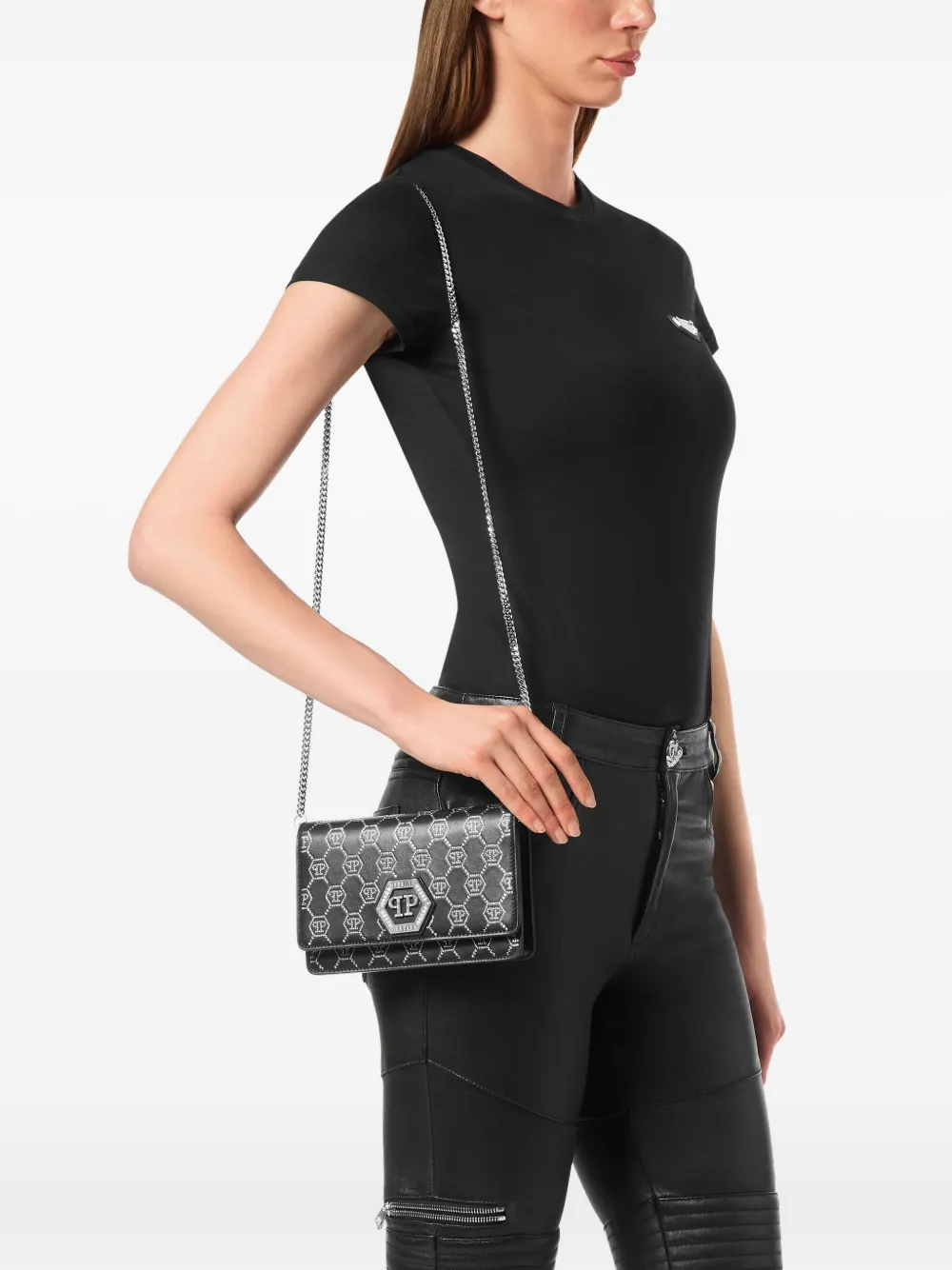 Philipp Plein Schoudertas met monogram en kettingband - Zwart