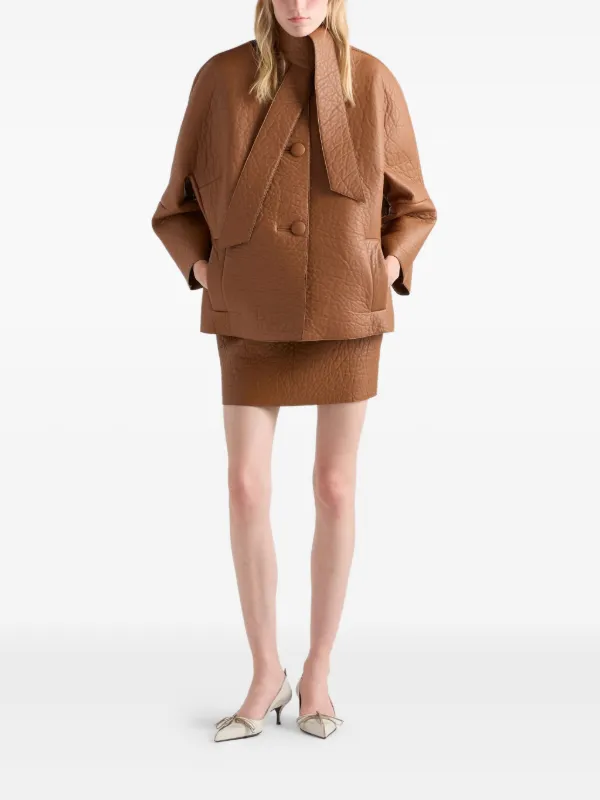 Prada scarf-detail Leather Jacket | Brown | FARFETCH UK