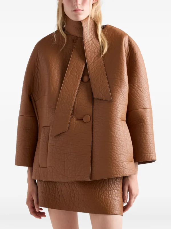 Prada scarf-detail Leather Jacket | Brown | FARFETCH UK