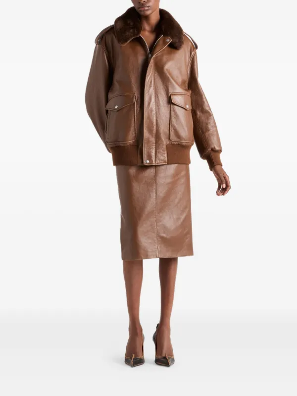 Prada Leather Pencil Midi Skirt | Brown | FARFETCH