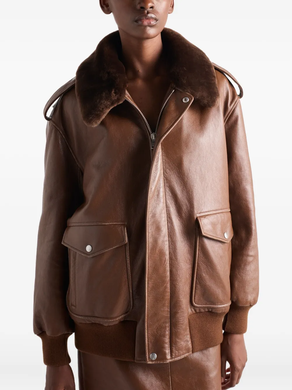 Prada Leren jack met lammy kraag Bruin
