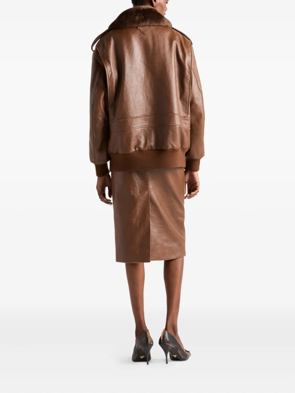 Prada Leren jack met lammy kraag Bruin