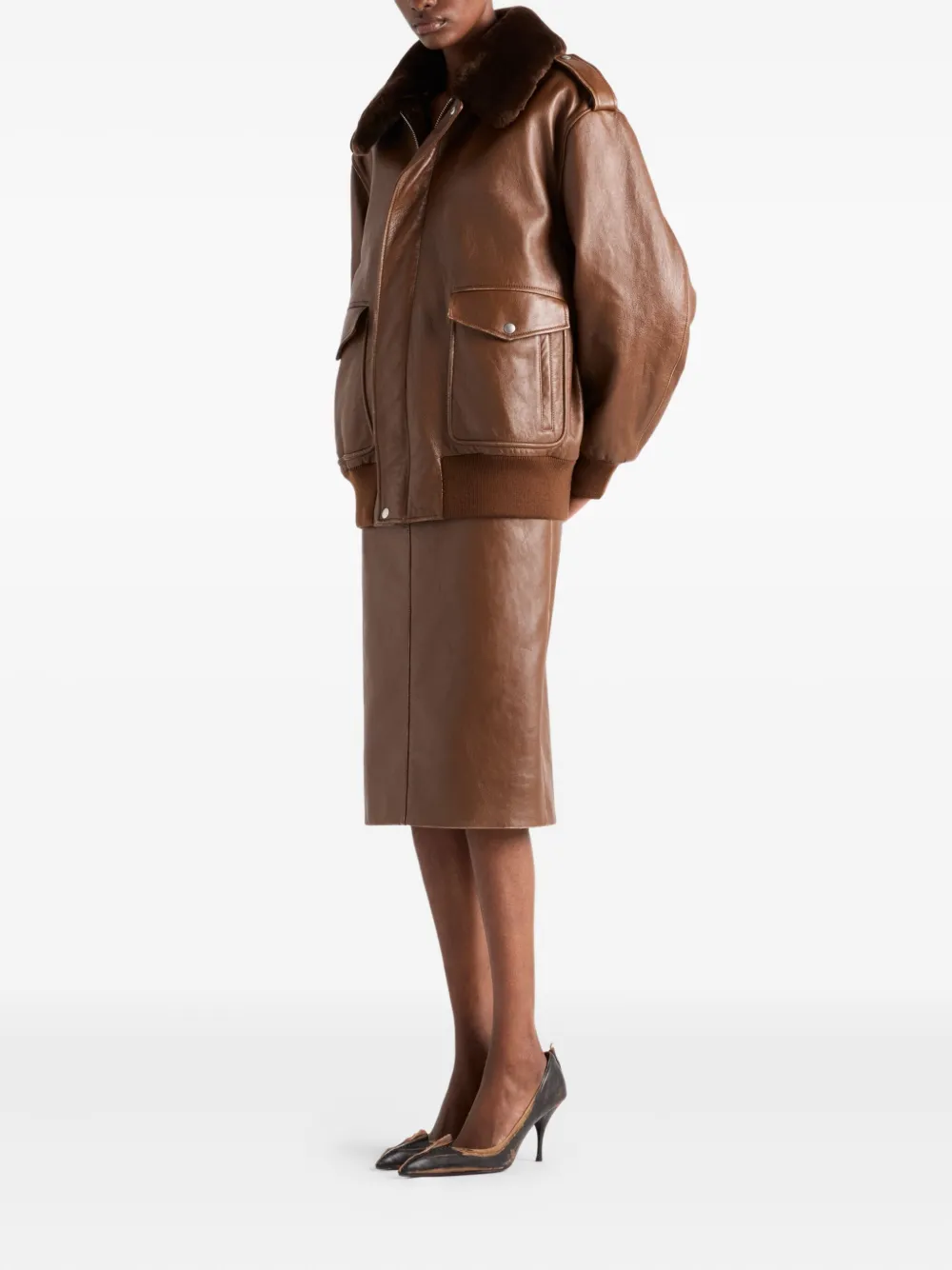 Prada Leren jack met lammy kraag Bruin