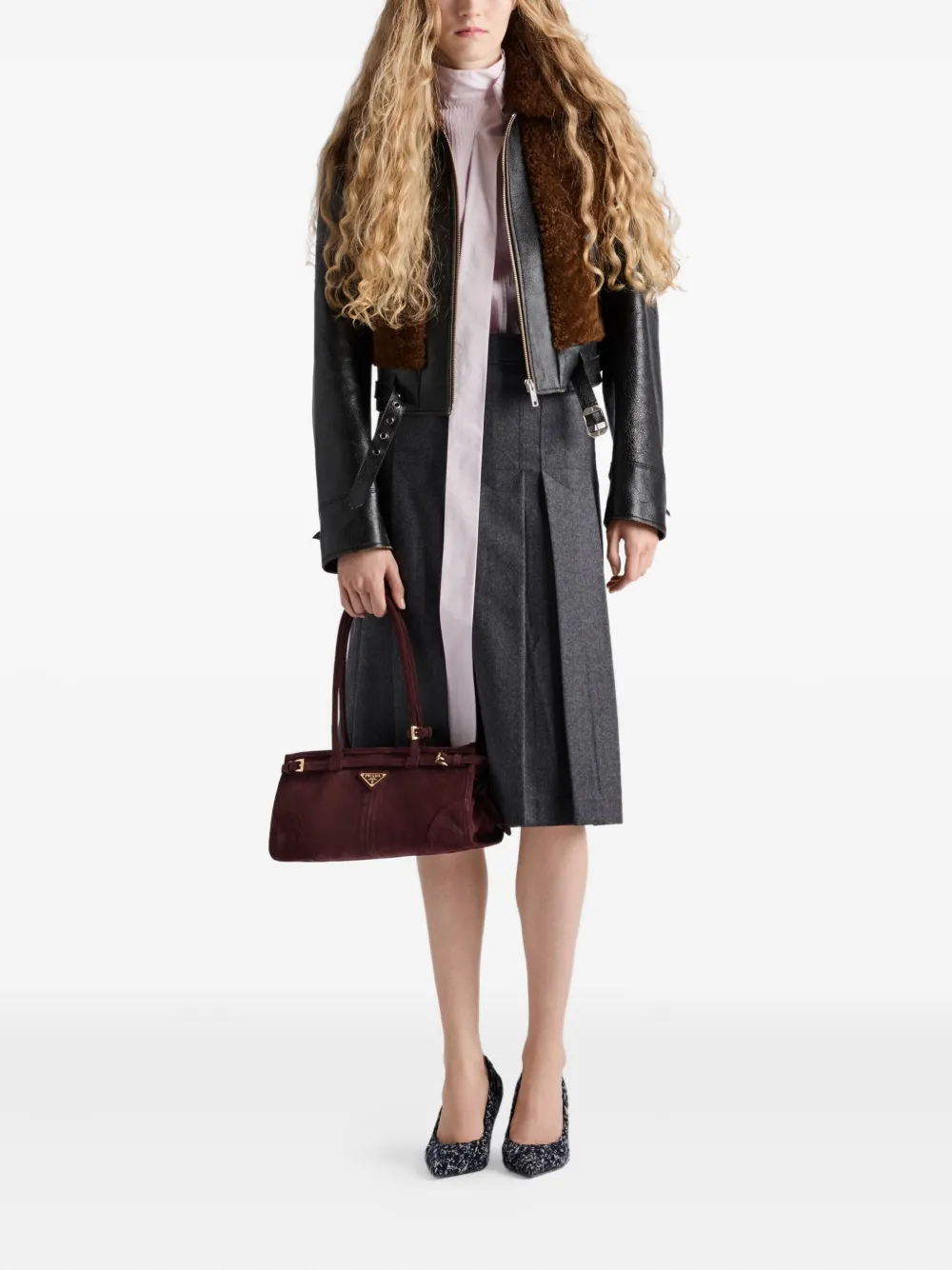 Prada Womens Black Panelled Leather And Shearling Jacket In Black