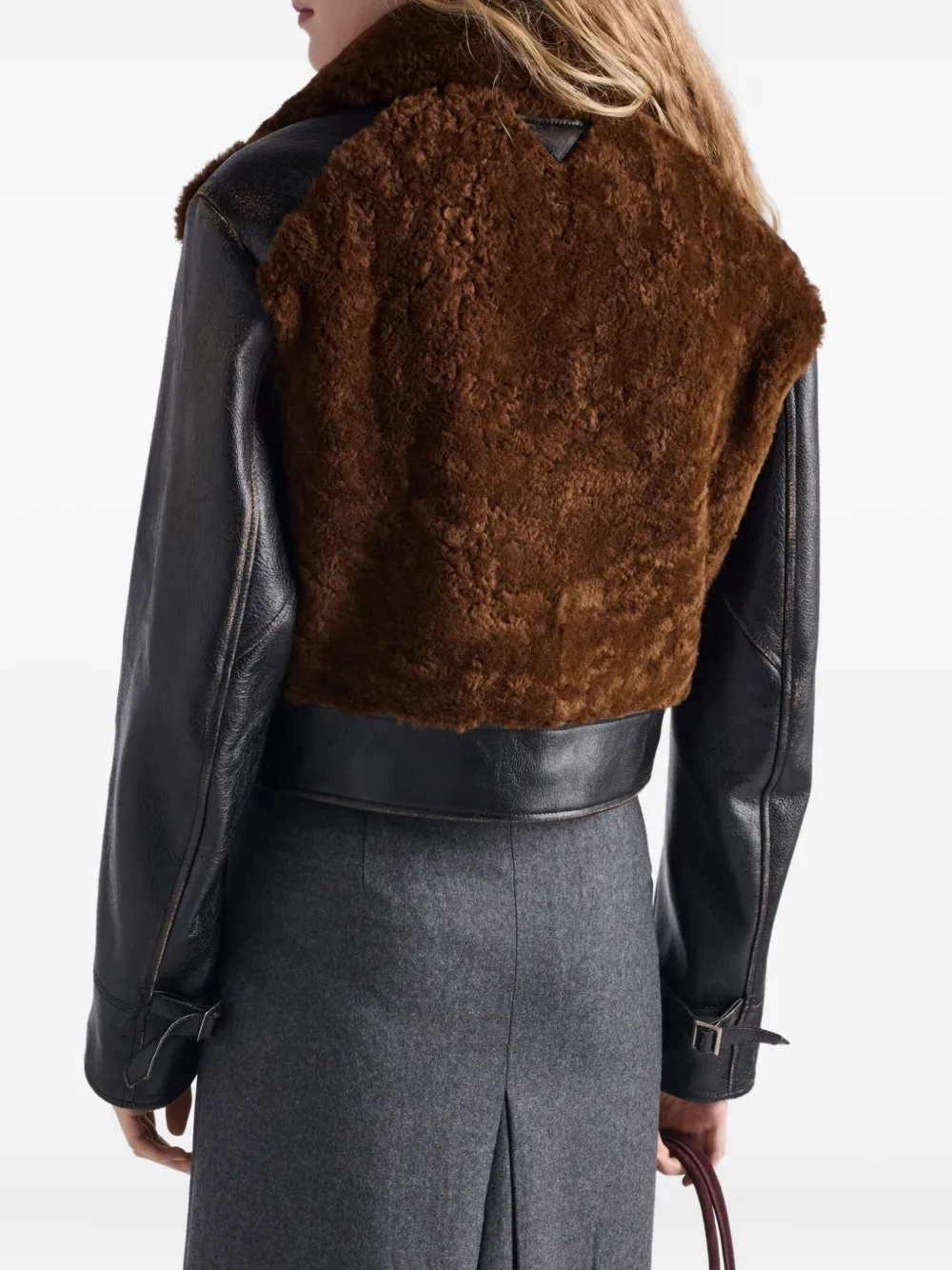 Prada Womens Black Panelled Leather And Shearling Jacket In Black