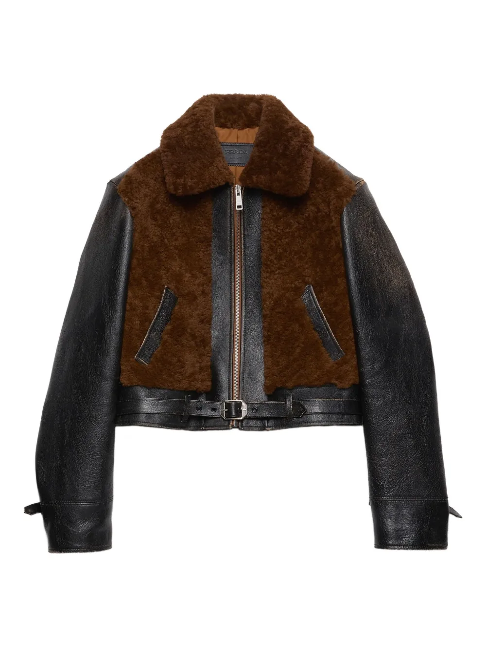 Prada Womens Black Panelled Leather And Shearling Jacket In Black