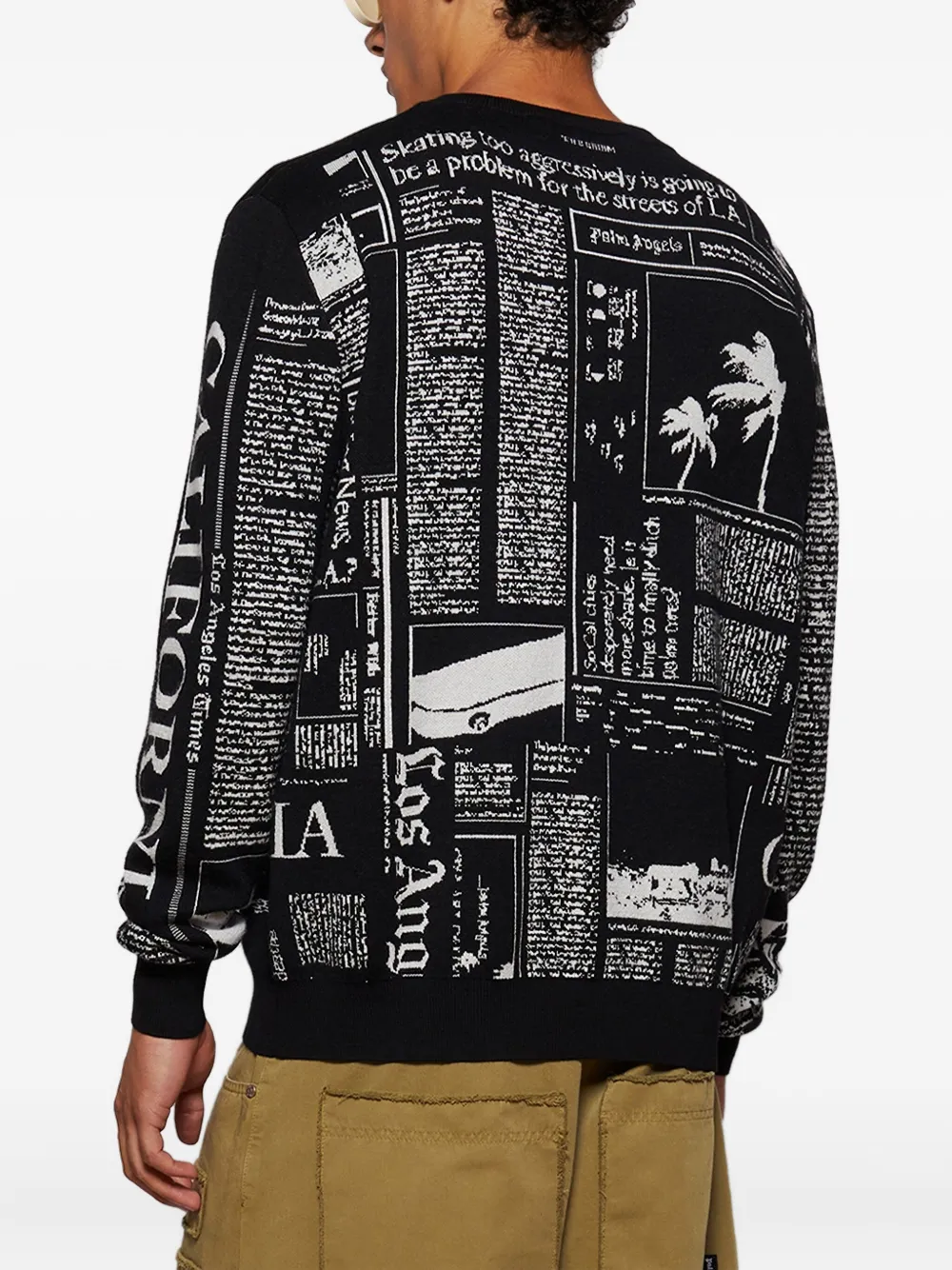 Palm Angels newspaper-print crew neck sweater Zwart