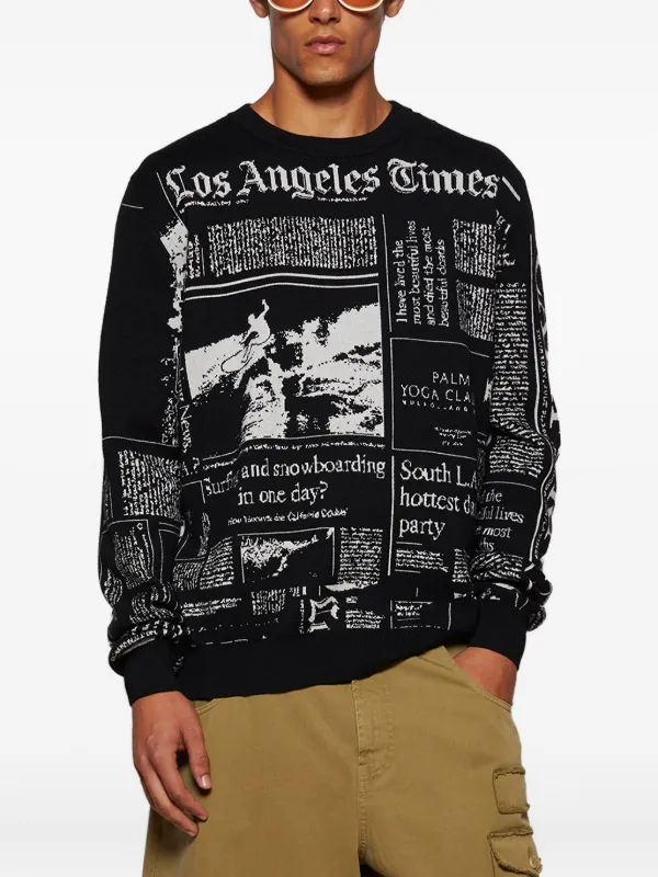 Palm Angels newspaper-print crew-neck Sweater | Black | FARFETCH