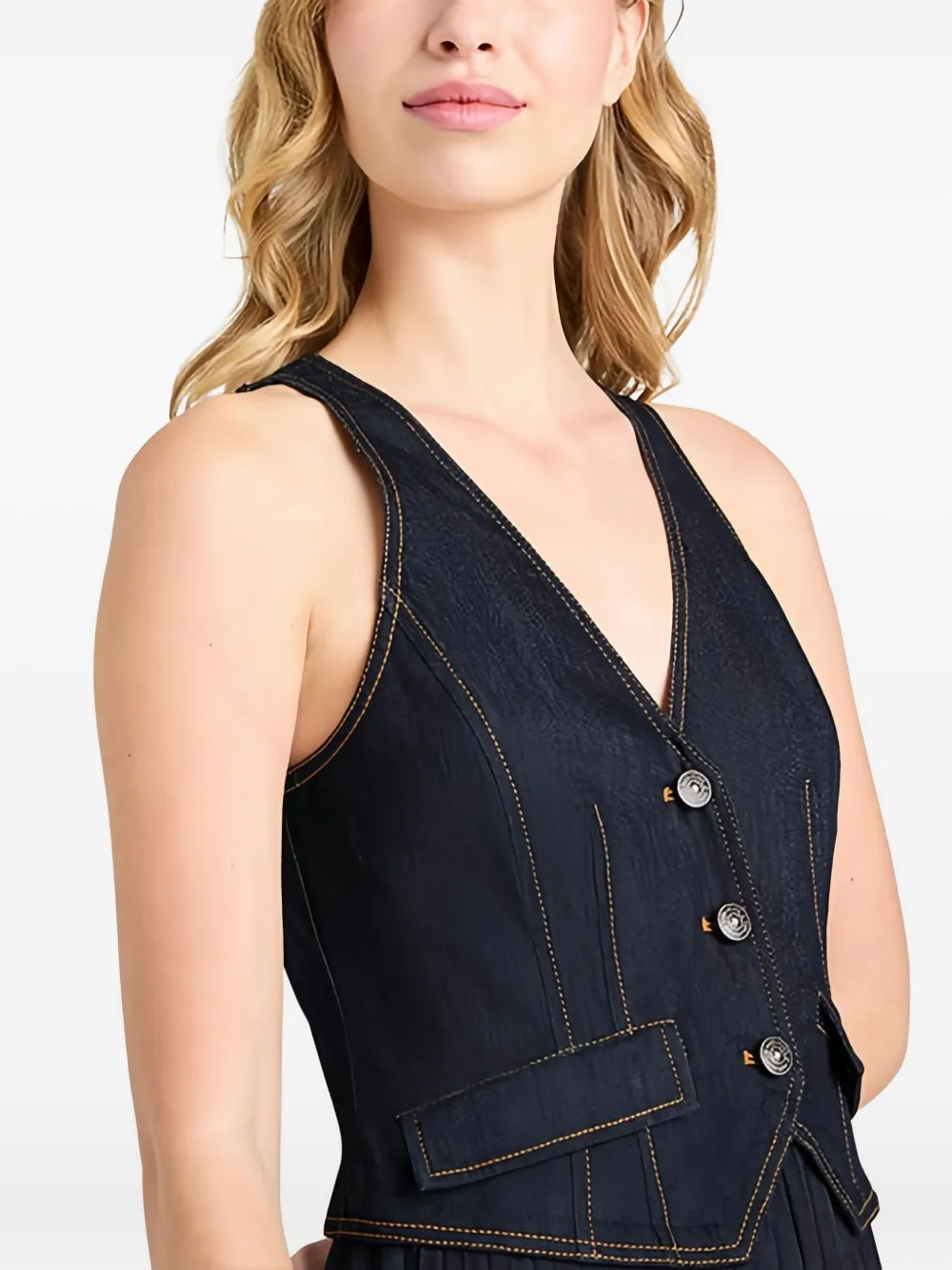 Cinq A Sept Geplooide denim gilet jurk Blauw