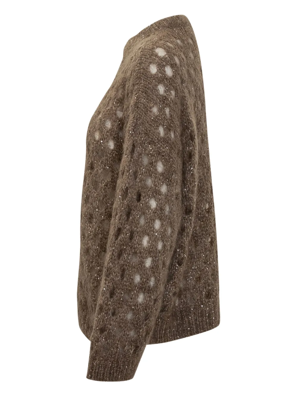 Brunello Cucinelli Sweater met pailletten en ronde hals Bruin
