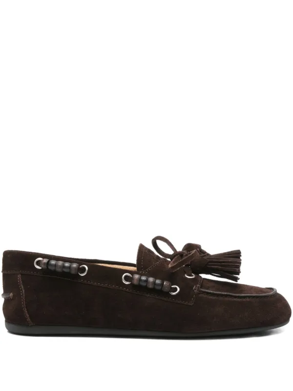 Miu Miu Suede Deck Shoes with Tassels in Brown