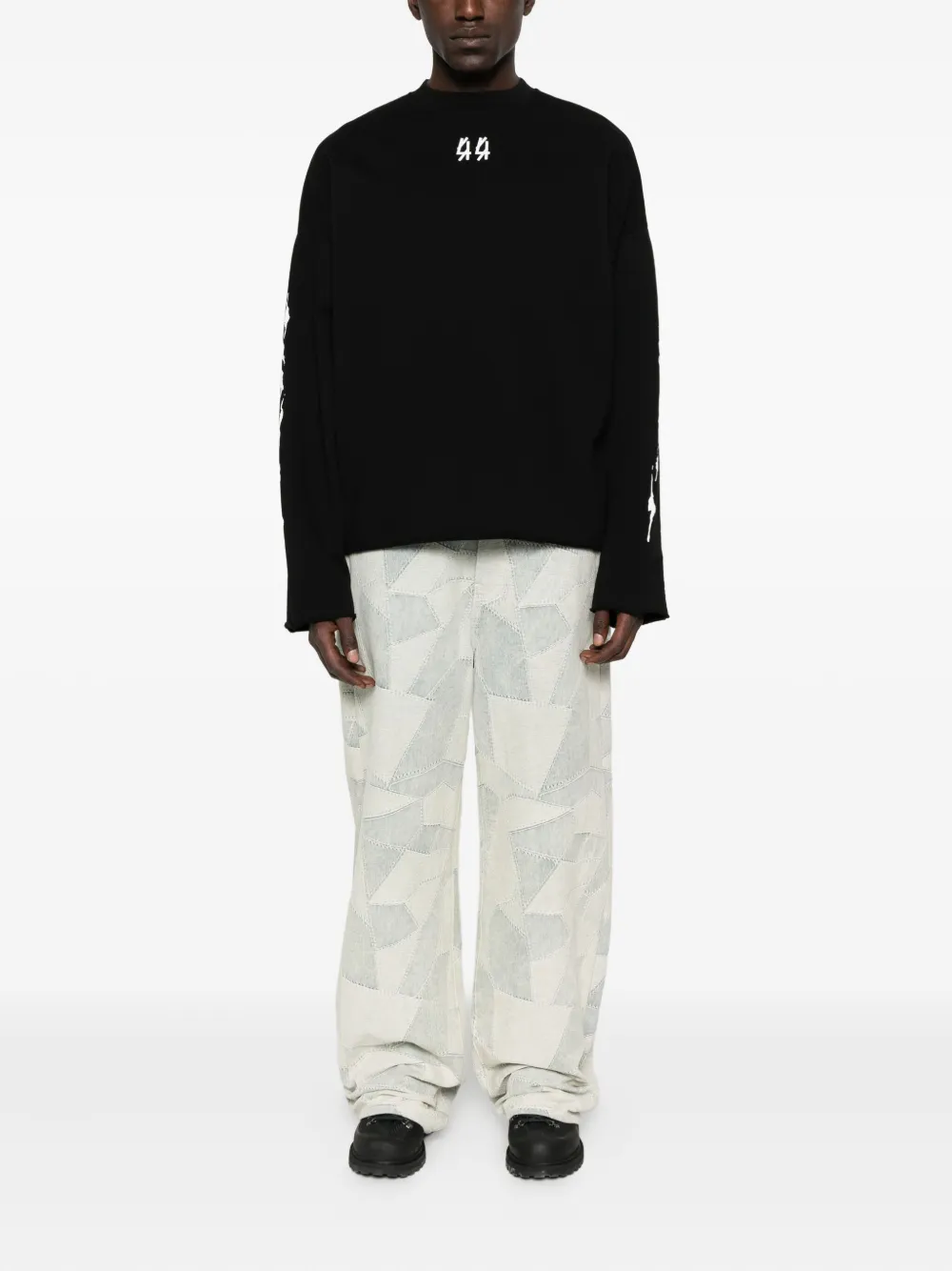 44 LABEL GROUP logo-embroidered frayed-edge sweater - Zwart