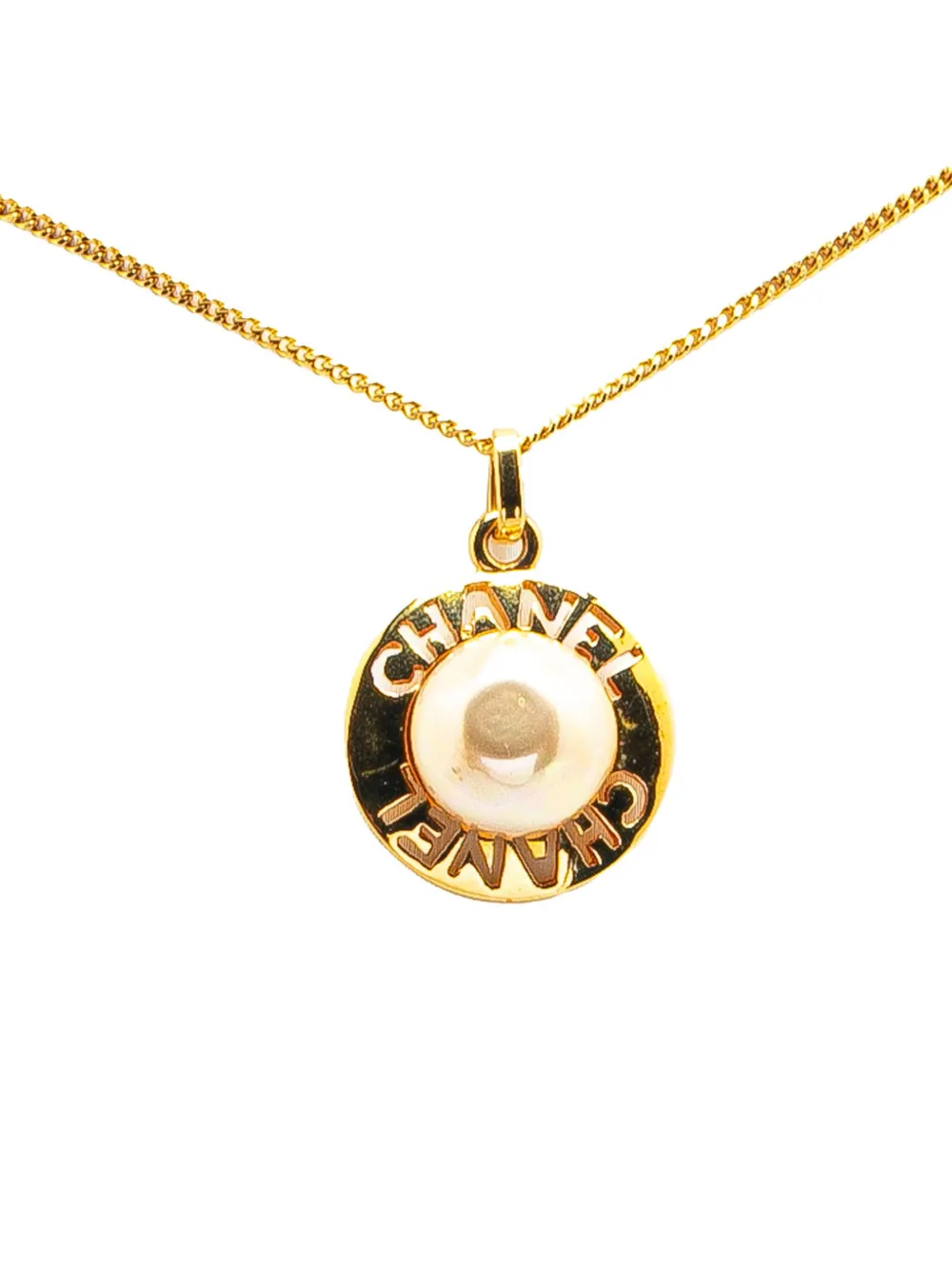 CHANEL Pre-Owned 1970-1980 Gold Plated Faux Pearl Pendant Necklace CHANEL Pre-Owned 1970-1980 Gold Plated Faux Pearl Pendant Necklace