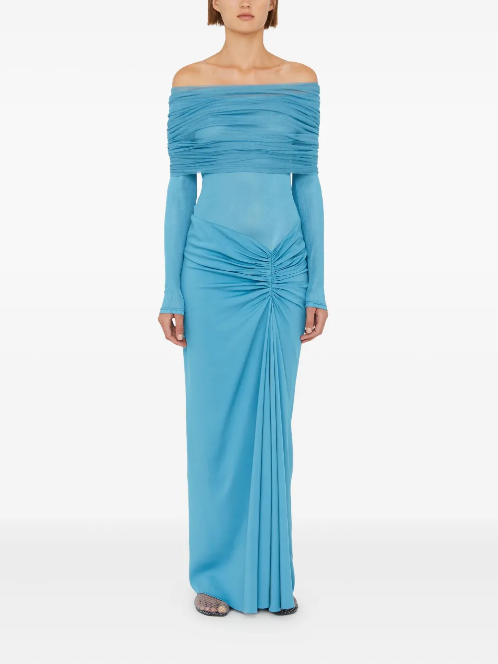 Christopher Esber Sonora Veiled off-shoulder maxi-jurk met ruches - Blauw