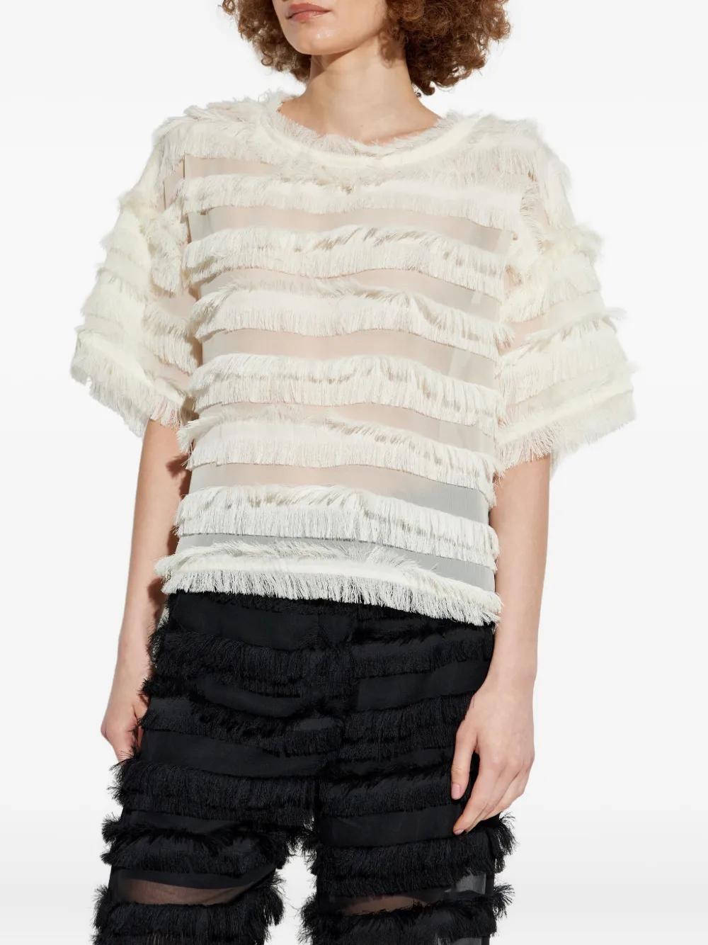 MUNTHE Doorzichtig T-shirt met franje afwerking Beige