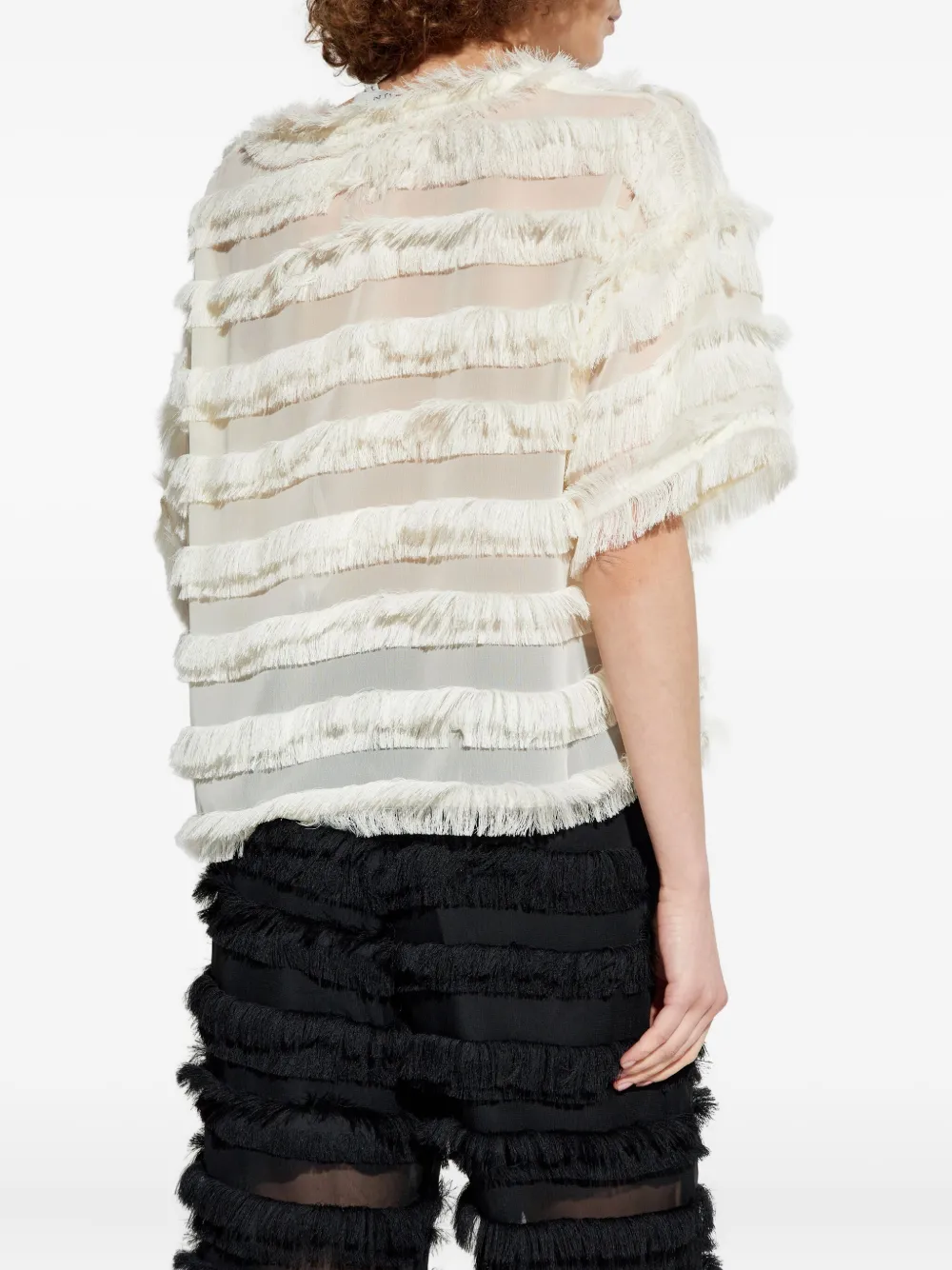 MUNTHE Doorzichtig T-shirt met franje afwerking Beige