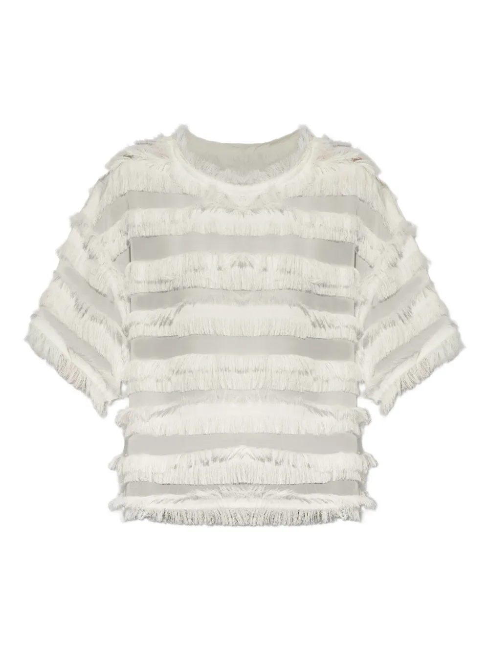 MUNTHE Doorzichtig T-shirt met franje afwerking Beige