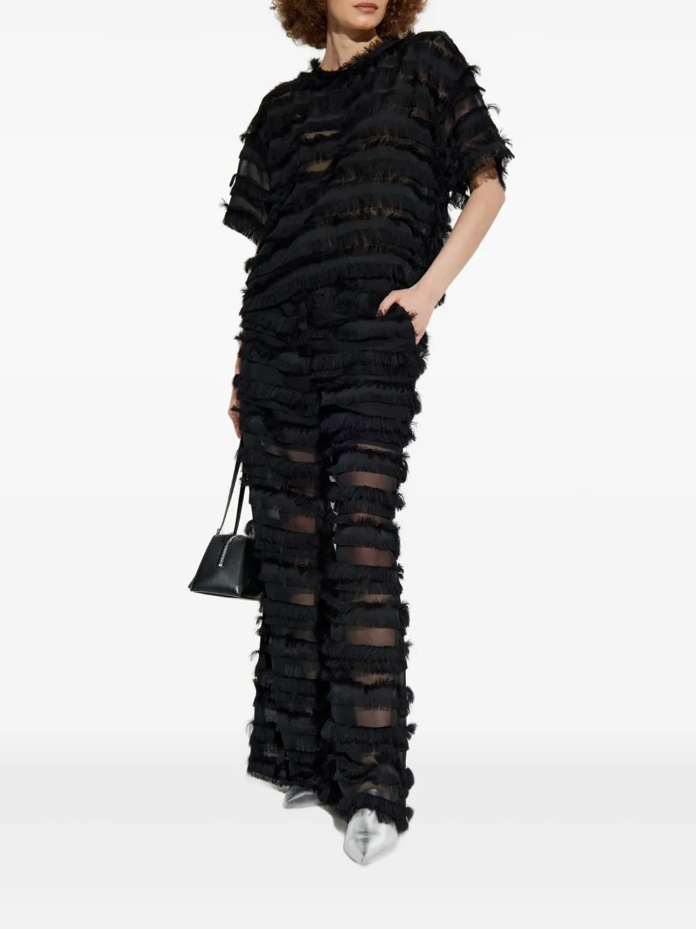MUNTHE Lipona fringe-trimmed sheer top - Zwart