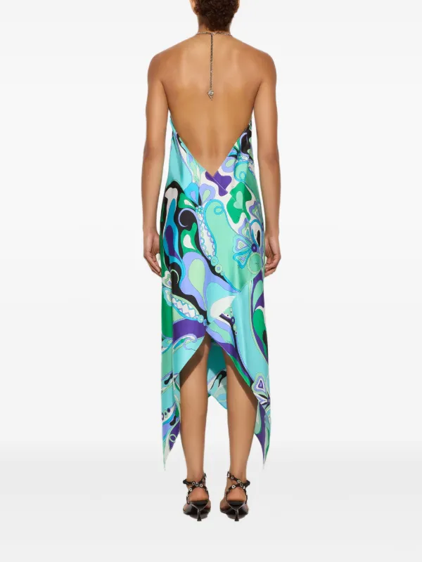 EMILIO PUCCI☆ノースリーブ☆バックデザインシルクチュニックワンピース PUCCI halter-neck Asymmetric Dress | Green | FARFETCH JO