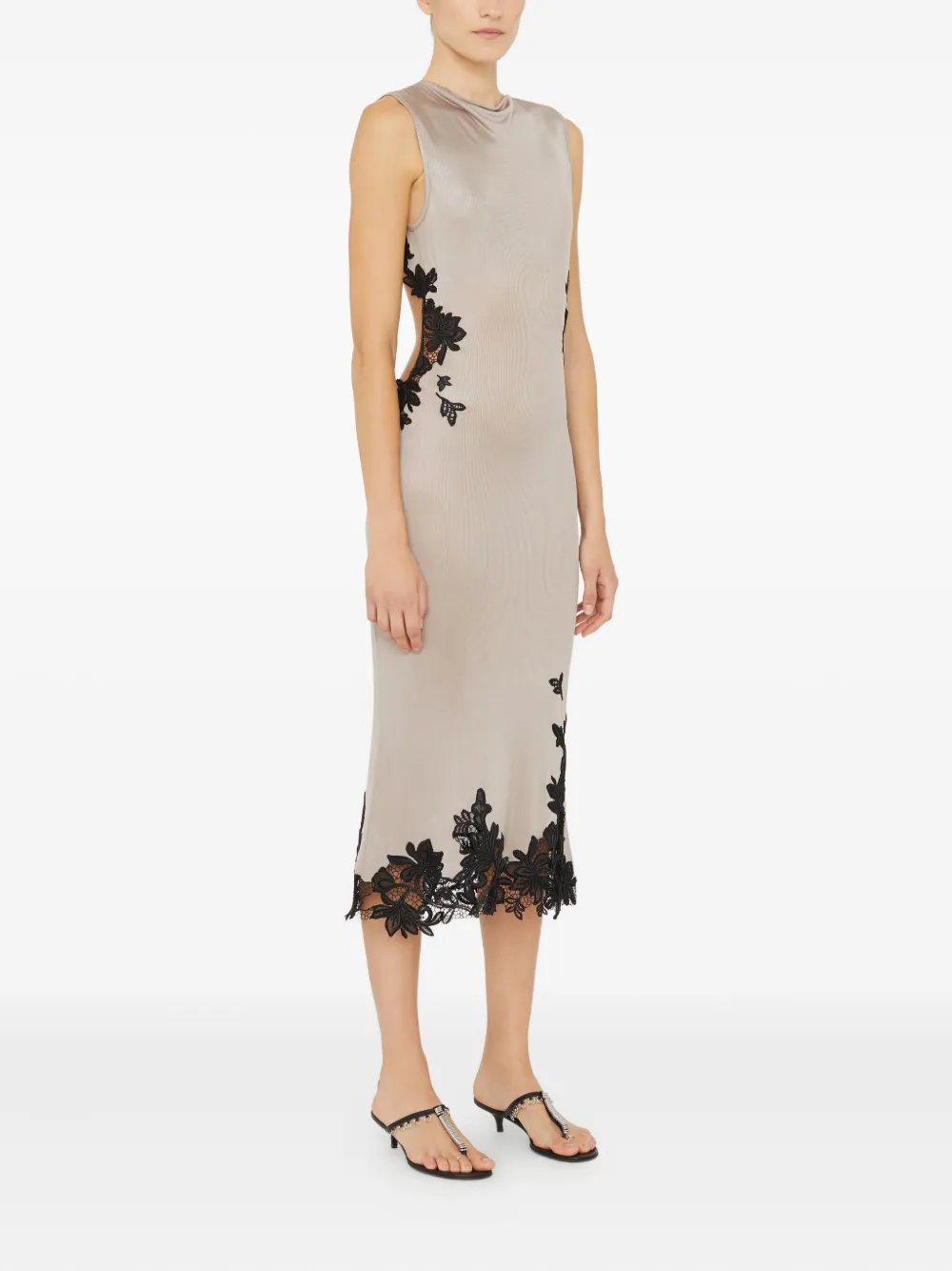 Christopher Esber Hibiscus Embroidered-lace-insert Midi Dress In Neutral