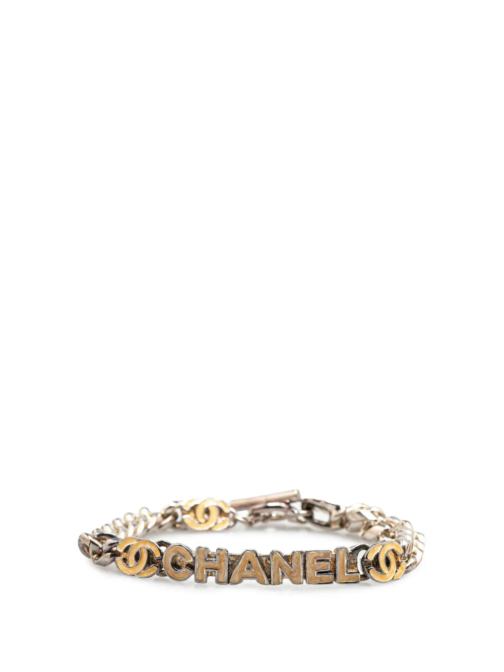 CHANEL Pre-Owned 2000 Silver Plated Enamel Logo Bracelet costume CHANEL Pre-Owned 2000 Silver Plated Enamel Logo Bracelet costume