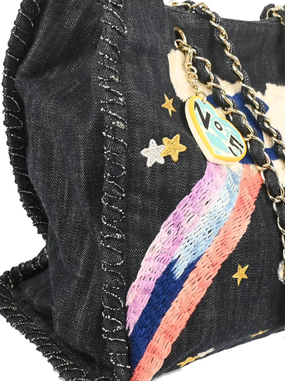 Pre-owned Chanel Embroidered Airplane Denim Tote Bag In Blue