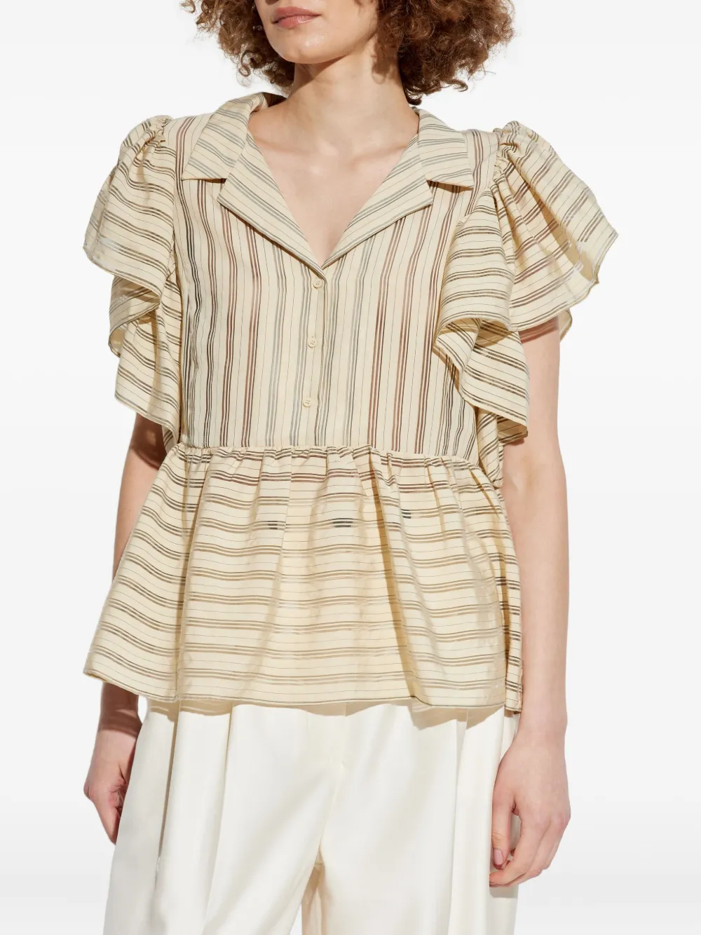 MUNTHE Ludive gestreepte blouse met ruches Beige