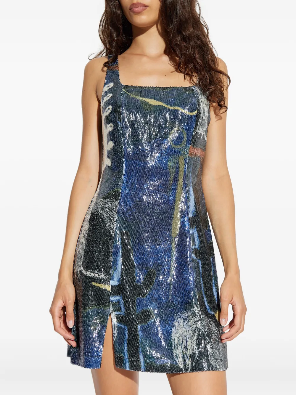 MUNTHE Mini-jurk met abstracte print en pailletten Blauw