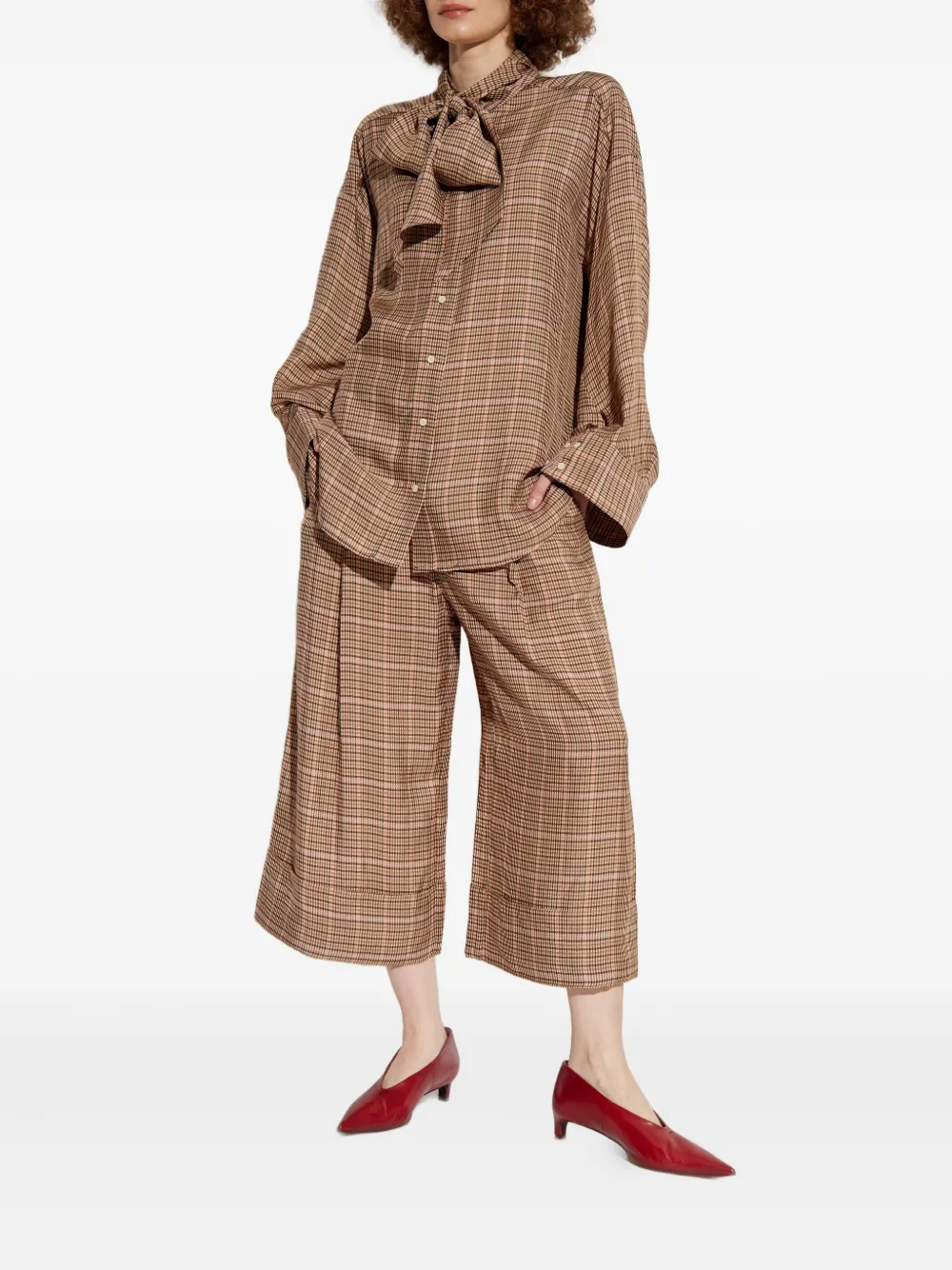 MUNTHE pleated check-pattern cropped trousers - Bruin