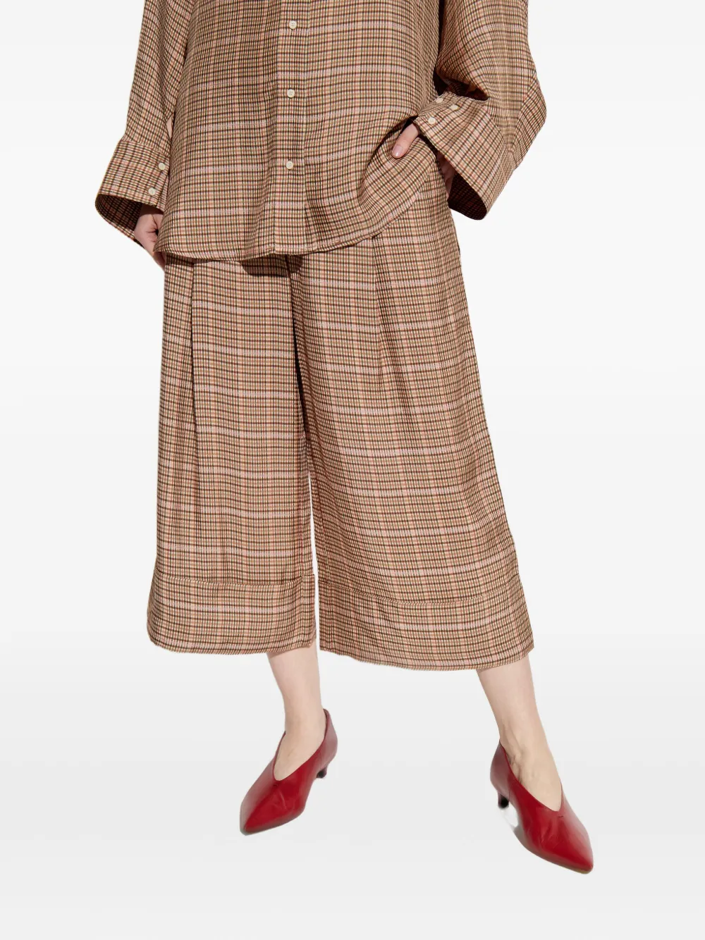 Munthe Pleated Check-pattern Cropped Trousers In Brown