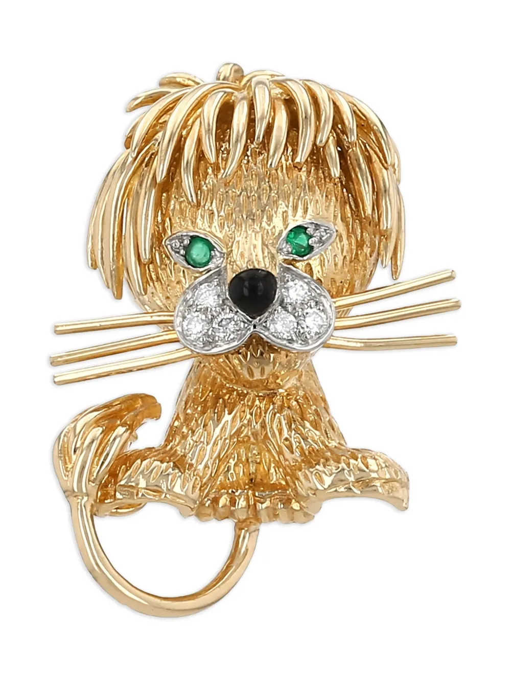 1970s 18K yellow gold Lion Ebouriffé diamond and emerald brooch