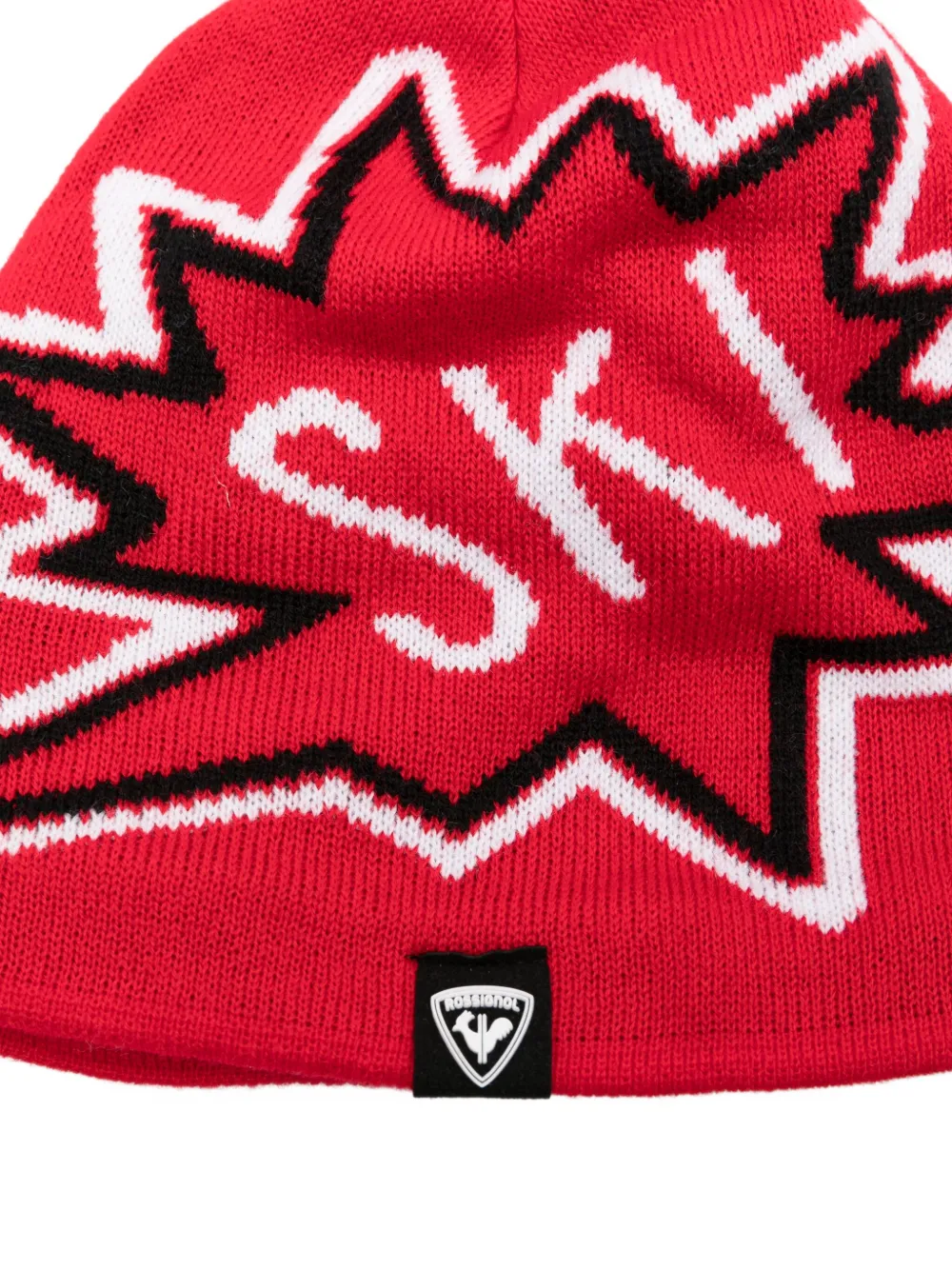 Rossignol ski-motif pom-pom knitted hat Rood