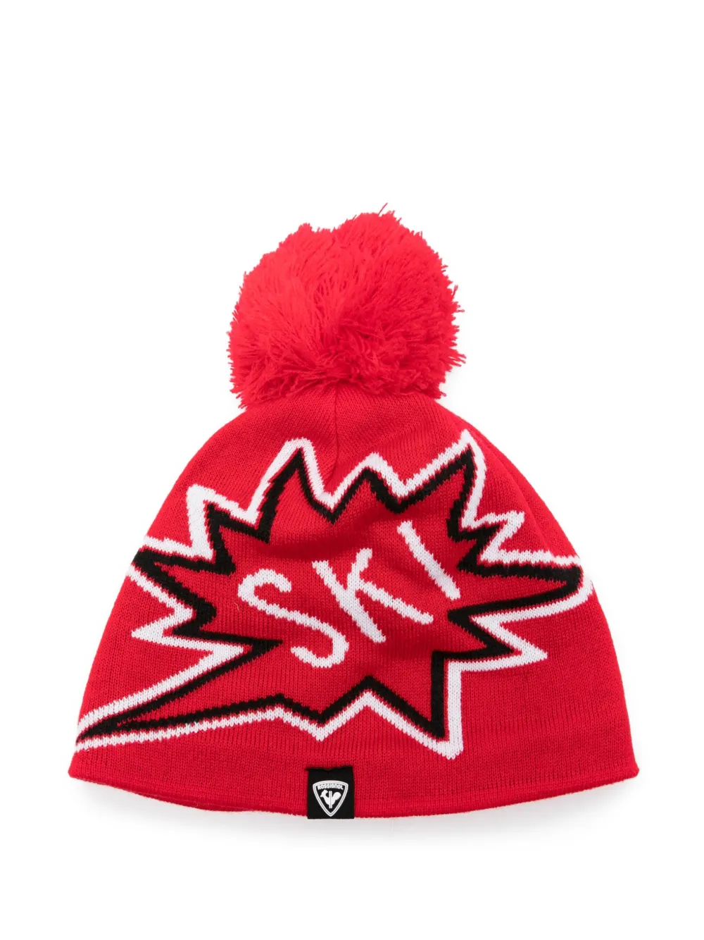 Rossignol ski-motif pom-pom knitted hat Rood